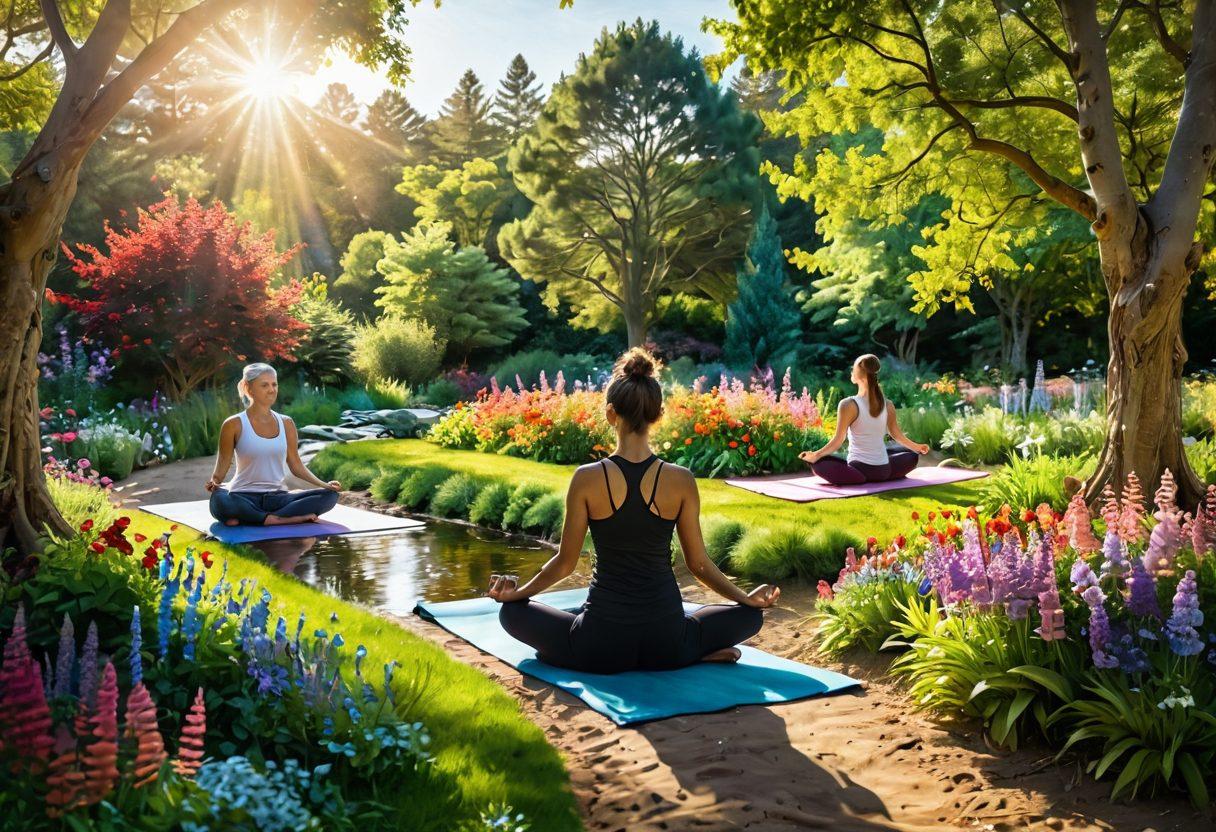 A serene landscape featuring a blooming garden filled with colorful flowers, symbolizing positivity and growth. In the foreground, a diverse group of people are engaging in joyful activities like yoga, painting, and meditating together, fostering connection. Soft sunlight filters through the trees, creating a warm and inviting atmosphere. A gentle stream flows nearby, reflecting the harmony of nature and humans. vibrant colors. super-realistic. airy background.