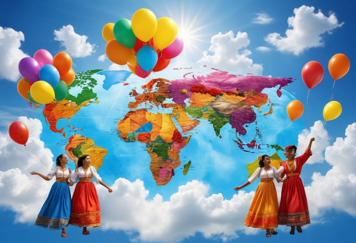 A vibrant world map intertwined with joyful people from diverse cultures, celebrating life with colorful traditional outfits, laughter, and music. Surrounding them are symbols of happiness like balloons, flowers, and sun rays, representing unity and joy in diversity. The background features a blue sky with fluffy clouds. super-realistic. vibrant colors. 3D.